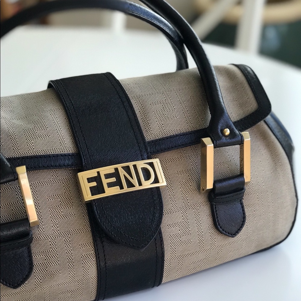 FENDI Rare Authentic Tan Zucca and Black Calfskin Leather Satchel EUC!